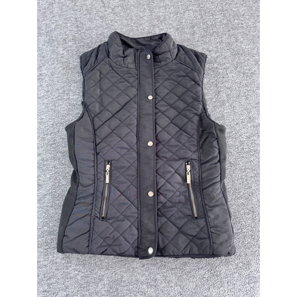 Daisy Womens Black Quilted Puffer Vest Faux Fur Lined‎ Snap Zip Medium